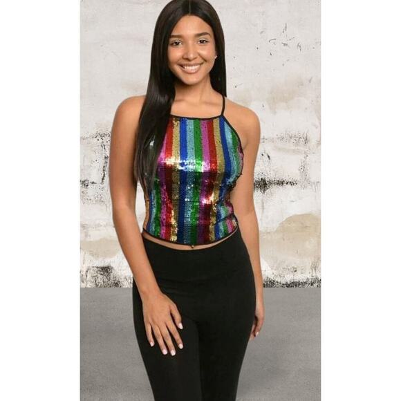 Miley + Molly Rainbow Multicolor Sequined Sleeveless Cami Tank Top Size Medium - Picture 1 of 8